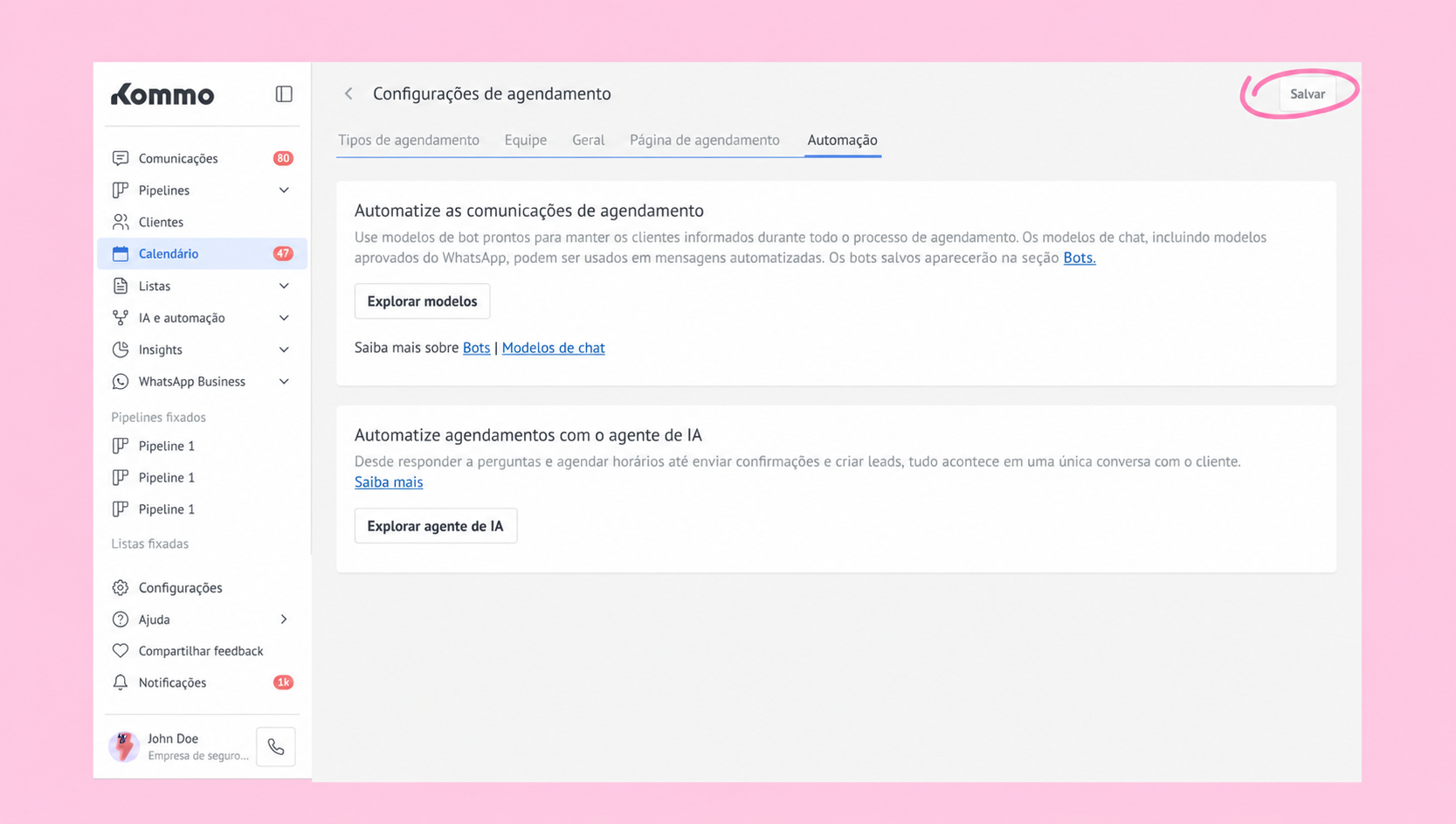Settings page for scheduling automation with highlighted save button and options.